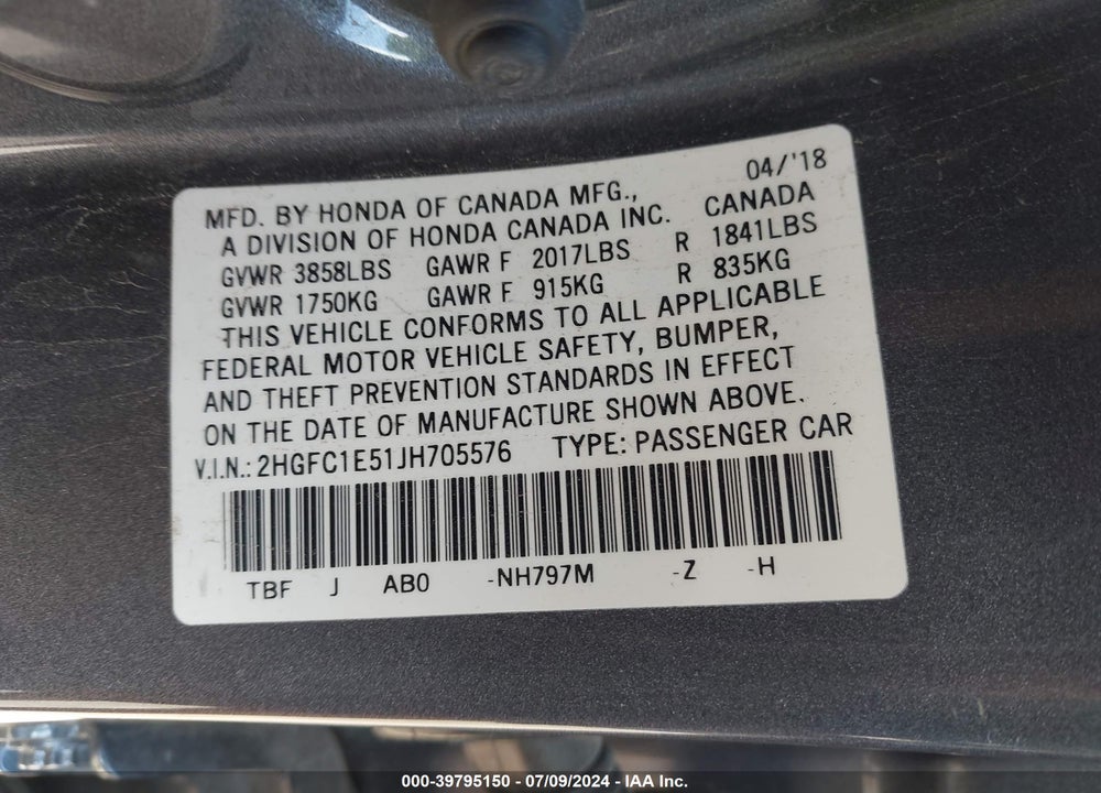 2018 HONDA CIVIC SI VIN: 2HGFC1E51JH705576