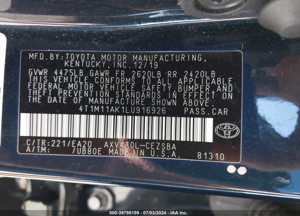 2020 TOYOTA CAMRY SE VIN: 4T1M11AK1LU916926