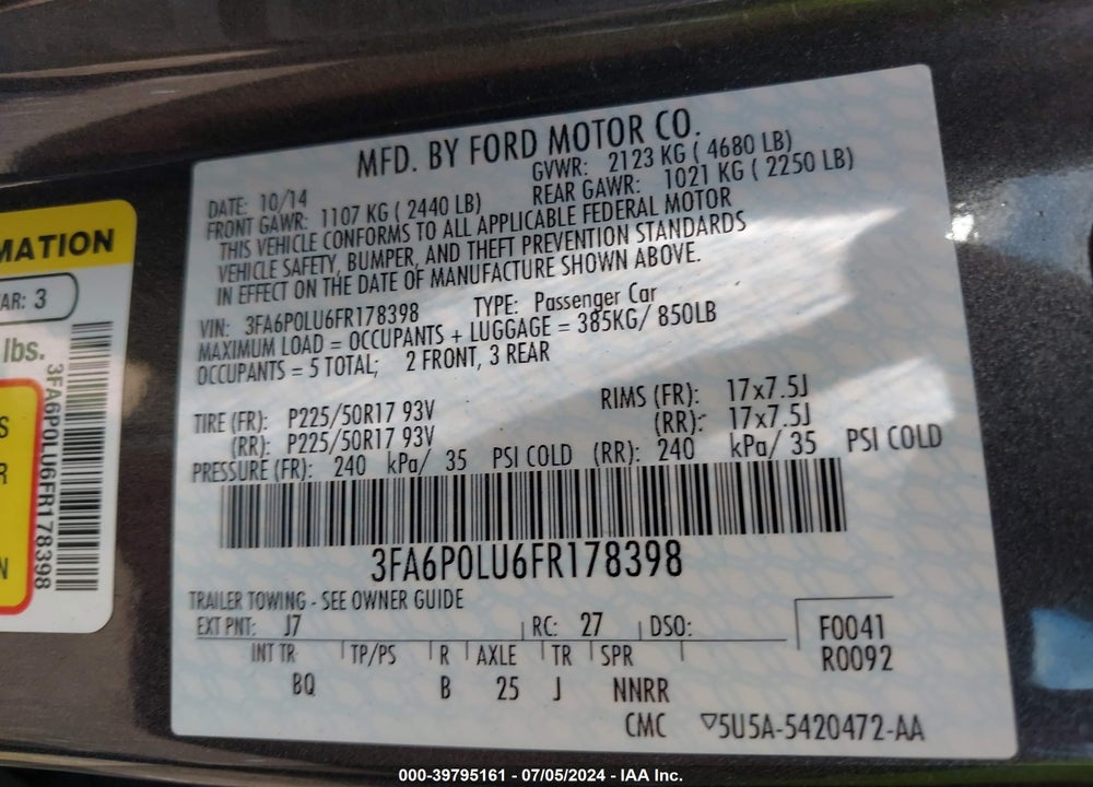 2015 FORD FUSION HYBRID SE VIN: 3FA6P0LU6FR178398