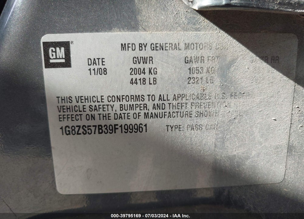 2009 SATURN AURA XE VIN: 1G8ZS57B39F199961
