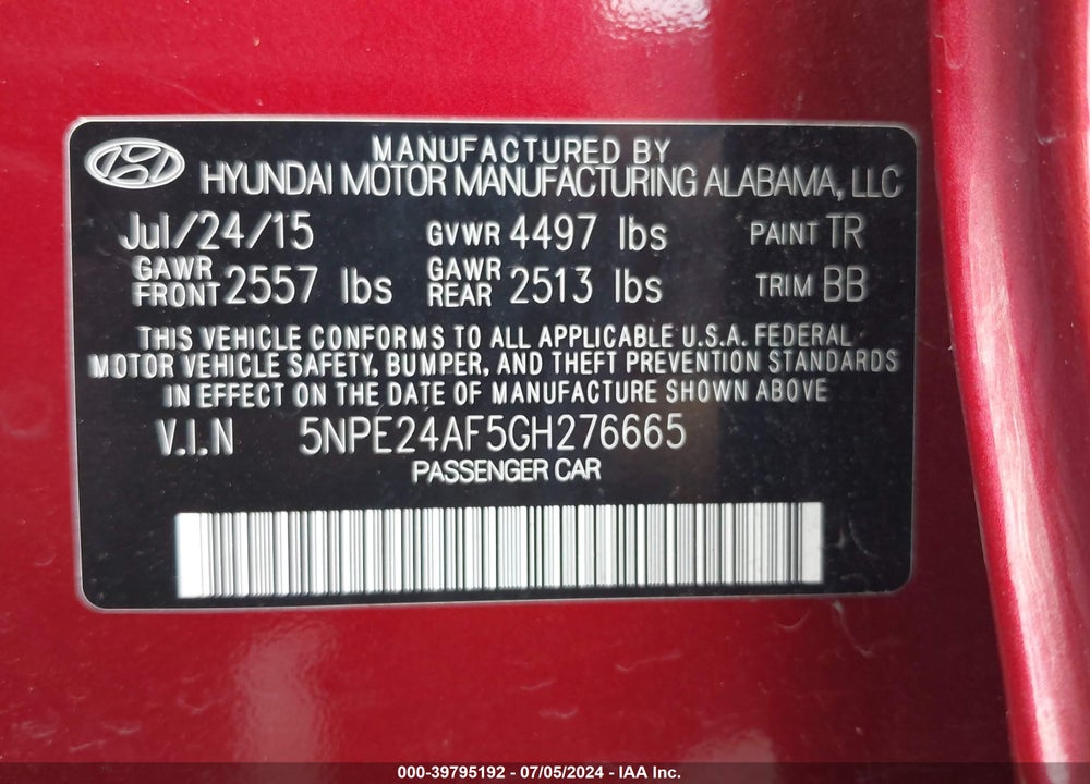 2016 HYUNDAI SONATA SE VIN: 5NPE24AF5GH276665