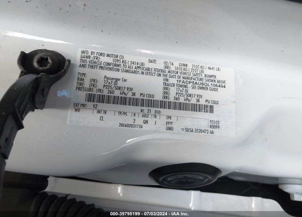 2016 FORD C-MAX HYBRID SE VIN: 1FADP5AU6GL106494