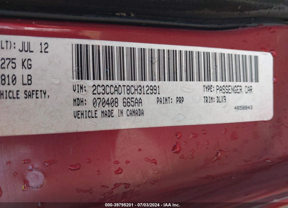 2012 CHRYSLER 300 S V8 VIN: 2C3CCADT8CH312991