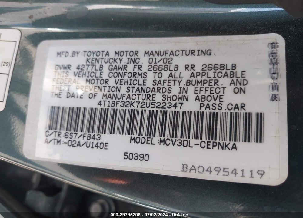 2002 TOYOTA CAMRY LE V6 VIN: 4T1BF32K72U522347