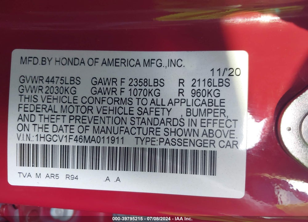 2021 HONDA ACCORD SPORT SPECIAL EDITION VIN: 1HGCV1F46MA011911