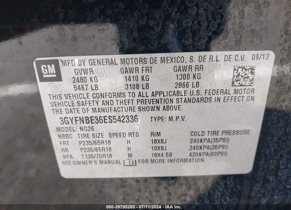 2014 CADILLAC SRX LUXURY COLLECTION VIN: 3GYFNBE36ES542336