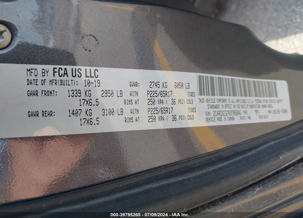 2019 DODGE GRAND CARAVAN GT VIN: 2C4RDGEG7KR785846