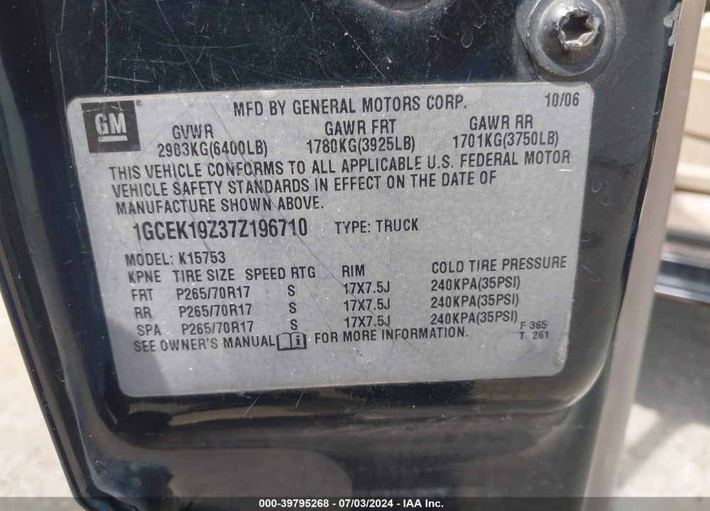 2007 CHEVROLET SILVERADO 1500 CLASSIC LT1 VIN: 1GCEK19Z37Z196710
