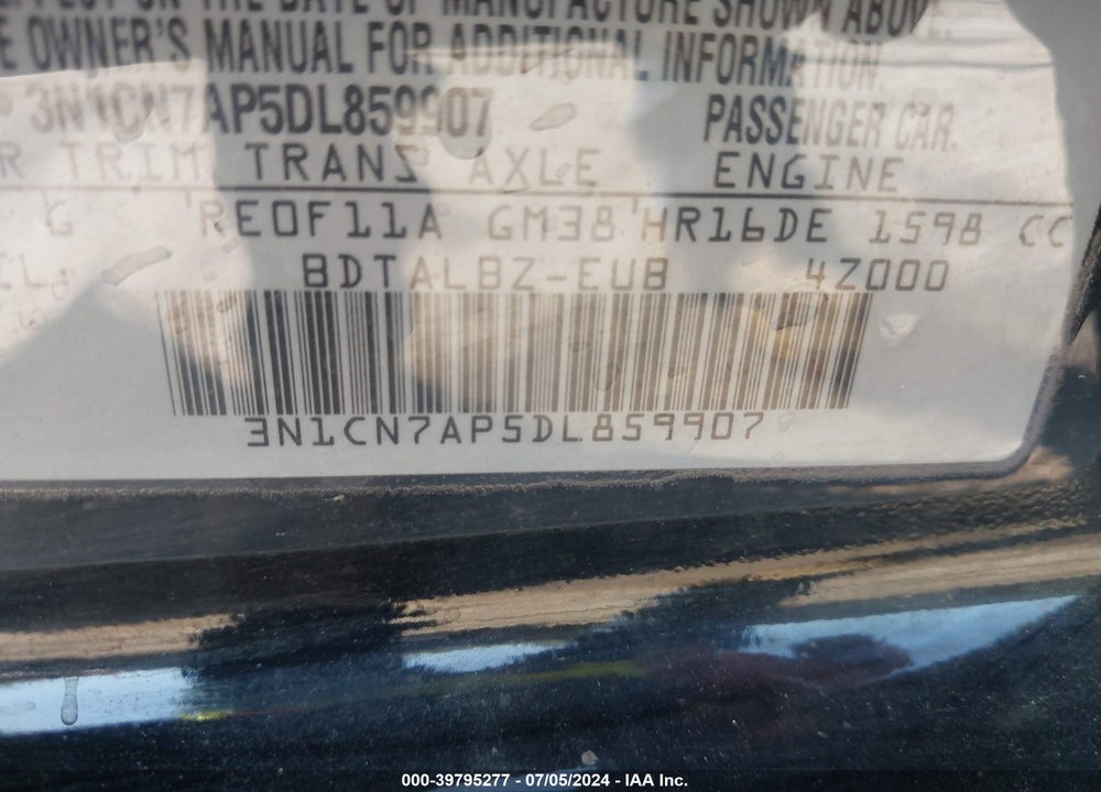 2013 NISSAN VERSA 1.6 SV VIN: 3N1CN7AP5DL859907