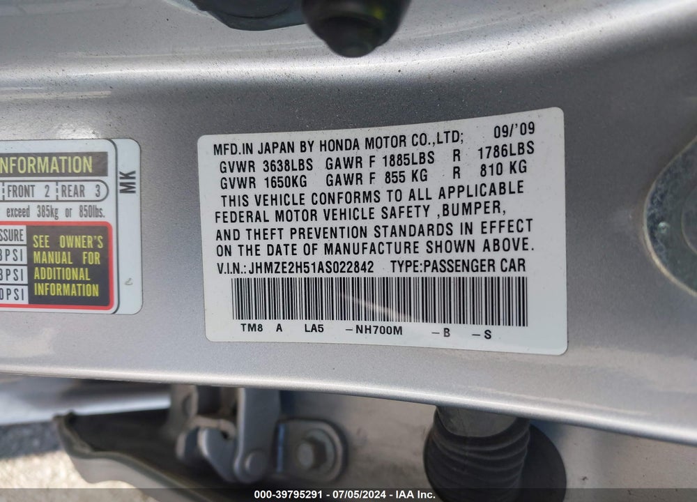2010 HONDA INSIGHT LX VIN: JHMZE2H51AS022842