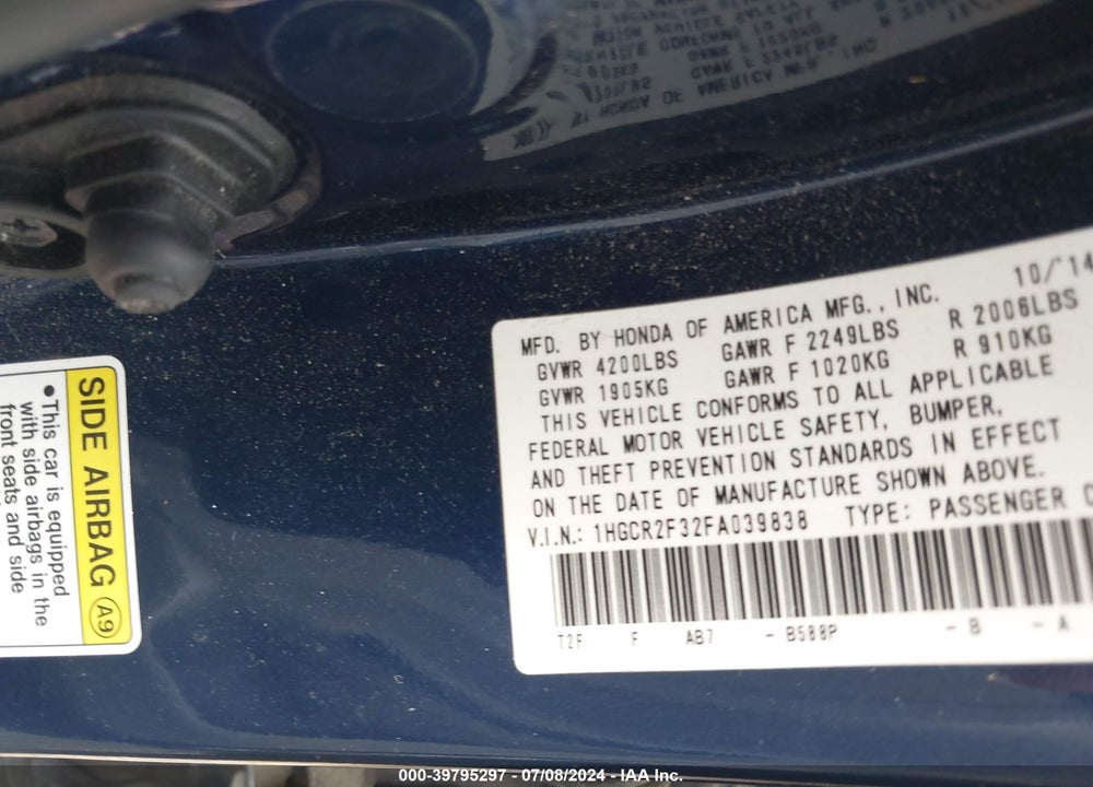 2015 HONDA ACCORD LX VIN: 1HGCR2F32FA039838