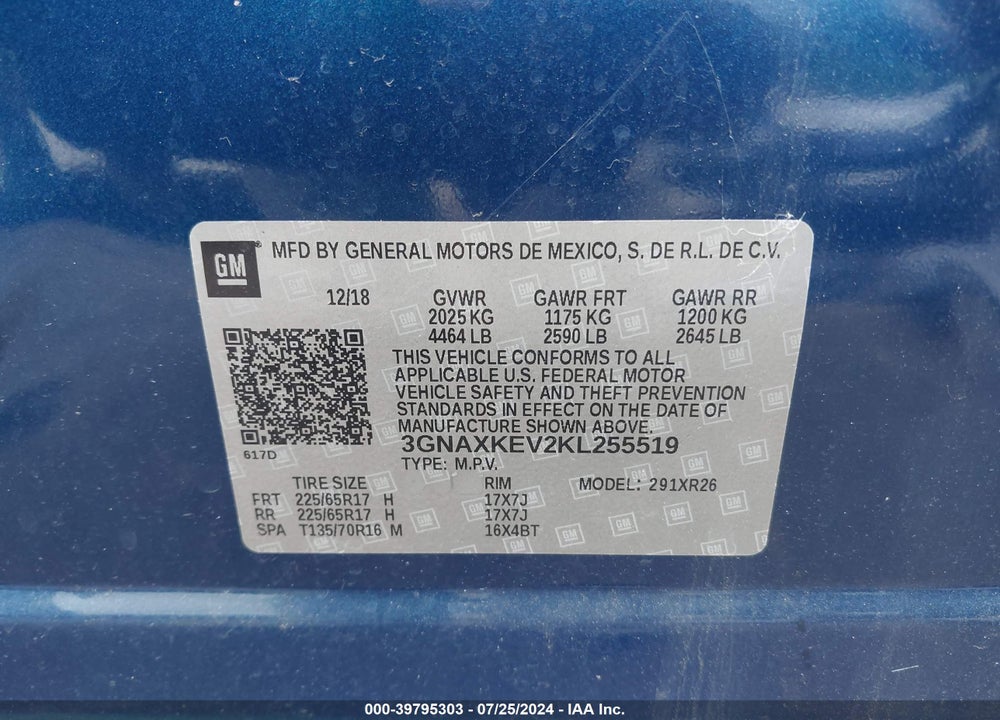 2019 CHEVROLET EQUINOX LT VIN: 3GNAXKEV2KL255519