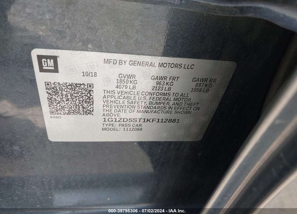 2019 CHEVROLET MALIBU LT VIN: 1G1ZD5ST1KF112881