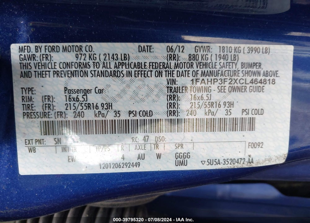 2012 FORD FOCUS SE VIN: 1FAHP3F2XCL464818