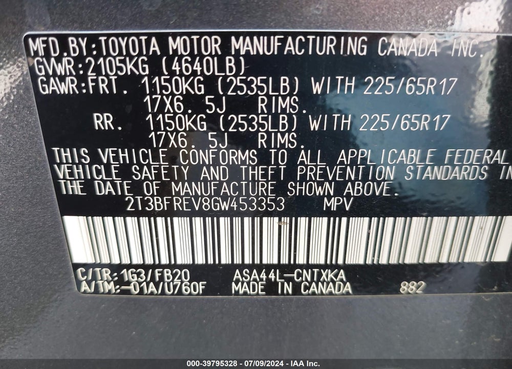 2016 TOYOTA RAV4 LE VIN: 2T3BFREV8GW453353