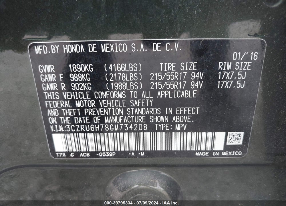 2016 HONDA HR-V EX-L VIN: 3CZRU6H78GM734208