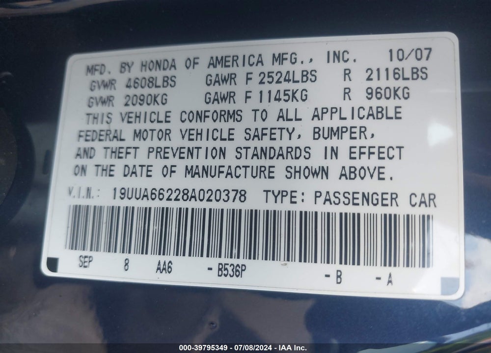 2008 ACURA TL 3.2 VIN: 19UUA66228A020378