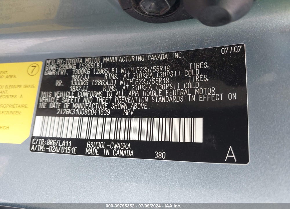2008 LEXUS RX 350 VIN: 2T2GK31U08C041639