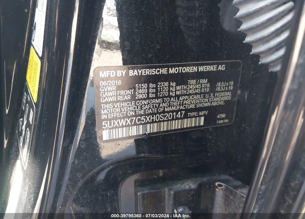2017 BMW X3 XDRIVE35I VIN: 5UXWX7C5XH0S20147