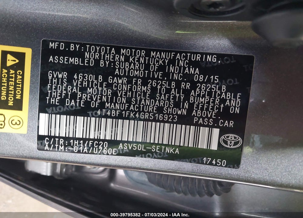 2016 TOYOTA CAMRY LE VIN: 4T4BF1FK4GR516923
