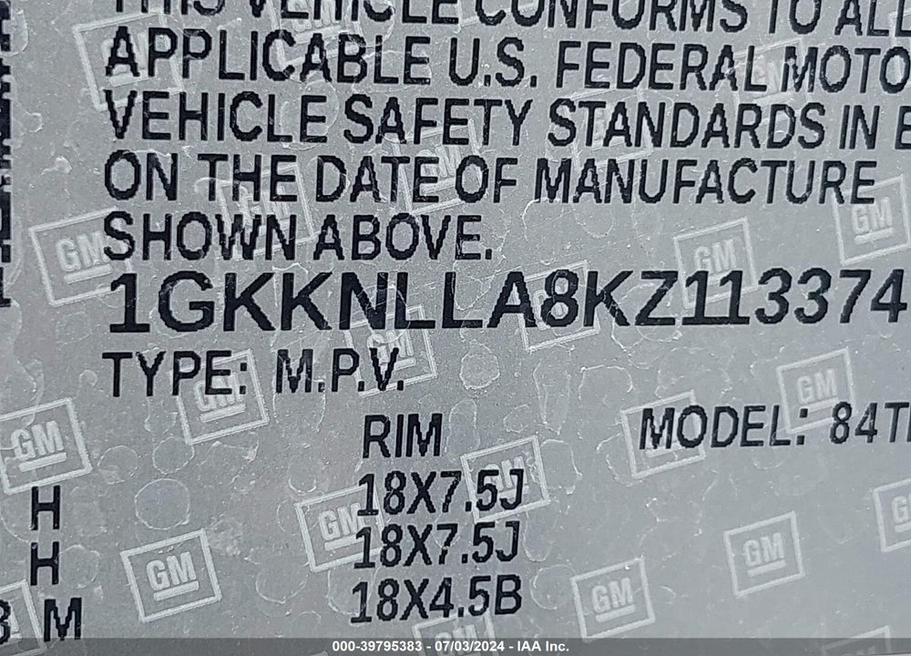 2019 GMC ACADIA SLE-2 VIN: 1GKKNLLA8KZ113374
