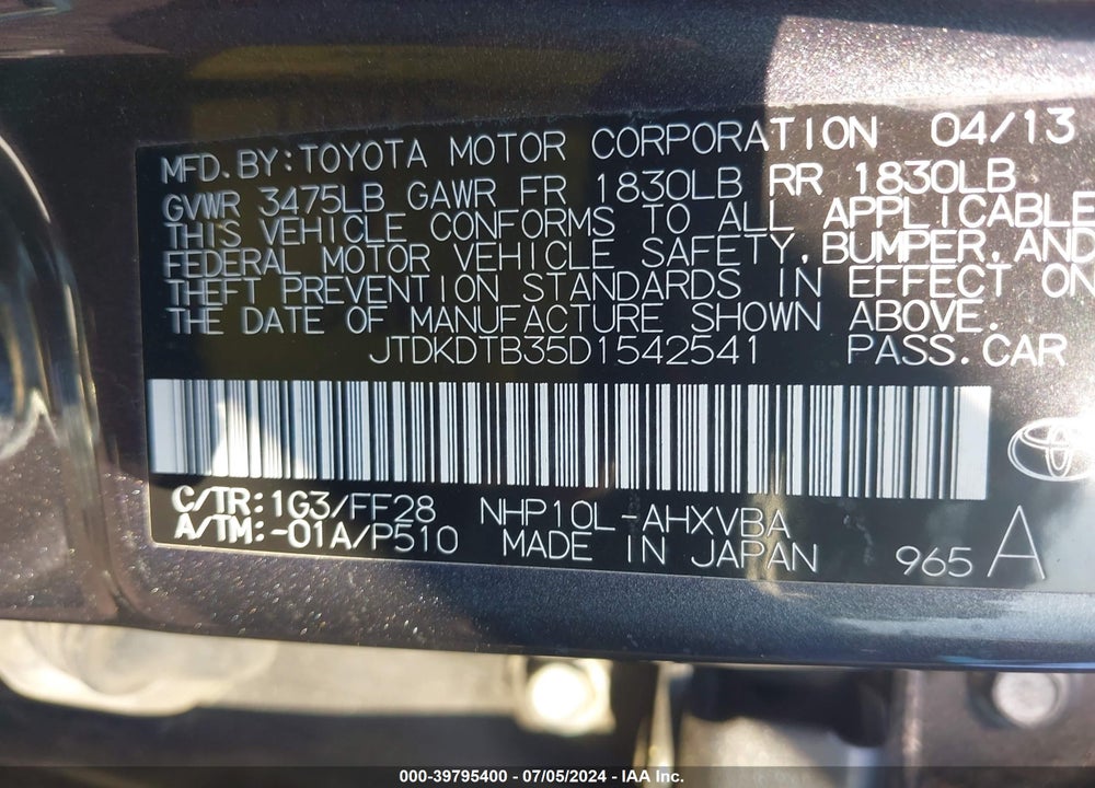 2013 TOYOTA PRIUS C TWO VIN: JTDKDTB35D1542541