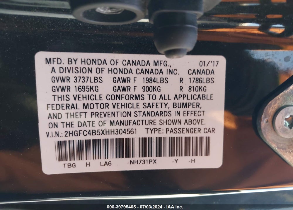 2017 HONDA CIVIC LX VIN: 2HGFC4B5XHH304561