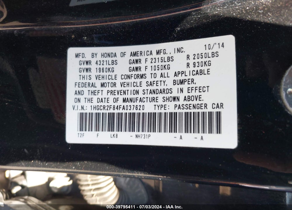 2015 HONDA ACCORD EX-L VIN: 1HGCR2F84FA037620