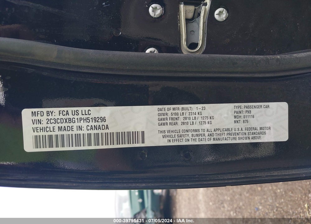 2023 DODGE CHARGER SXT VIN: 2C3CDXBG1PH519296