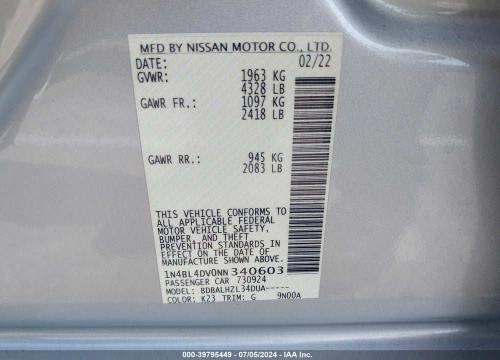 2022 NISSAN ALTIMA SV FWD VIN: 1N4BL4DV0NN340603