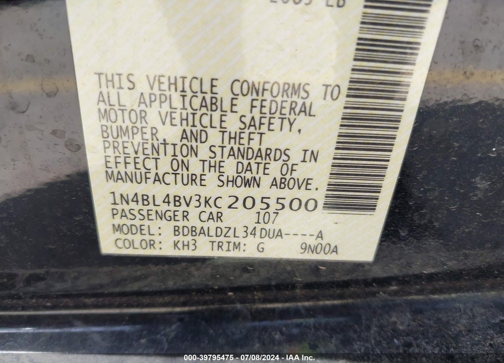 2019 NISSAN ALTIMA VIN: 1N4BL4BV3KC205500