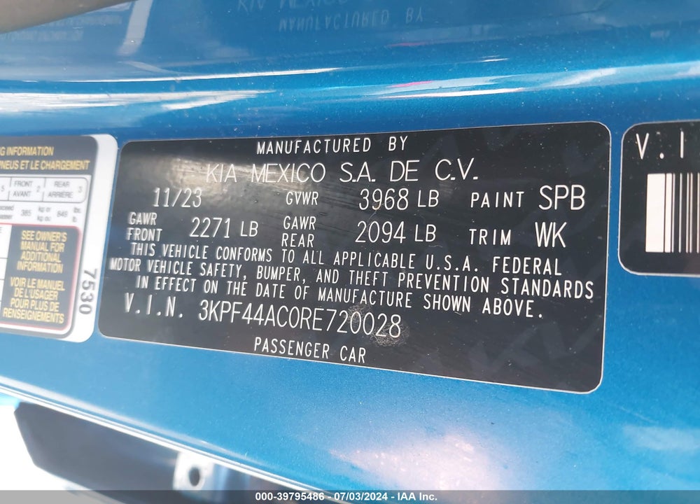 2024 KIA FORTE GT VIN: 3KPF44AC0RE720028