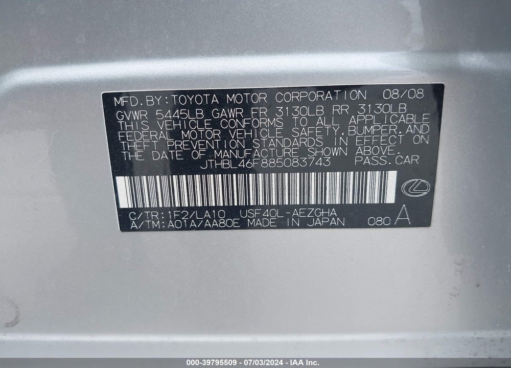 2008 LEXUS LS 460 VIN: JTHBL46F885083743