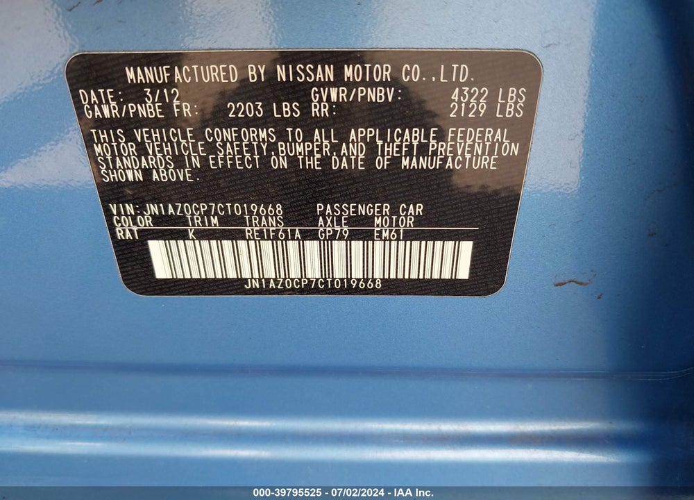 2012 NISSAN LEAF SL VIN: JN1AZ0CP7CT019668