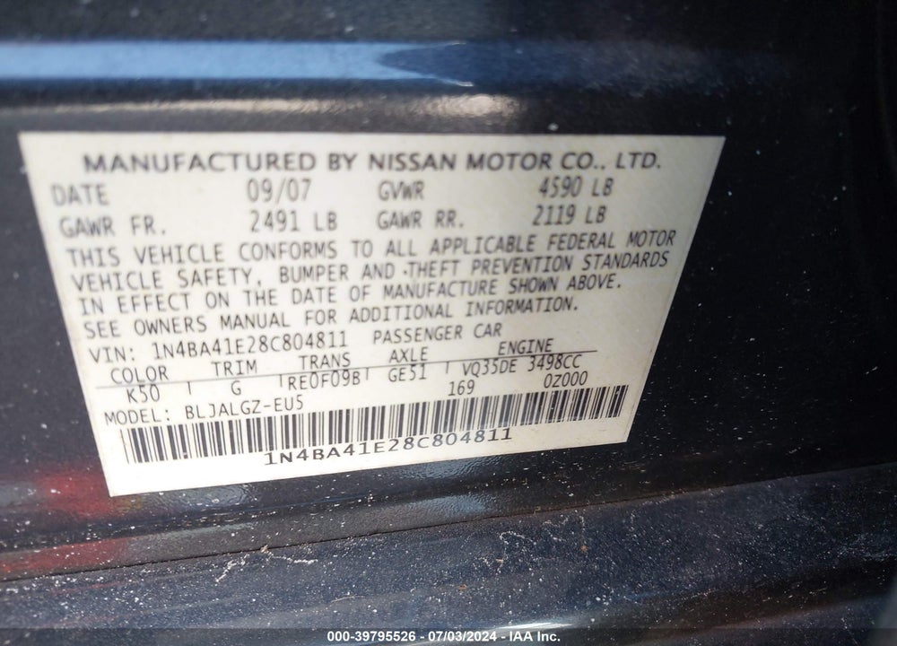 2008 NISSAN MAXIMA 3.5 SL VIN: 1N4BA41E28C804811