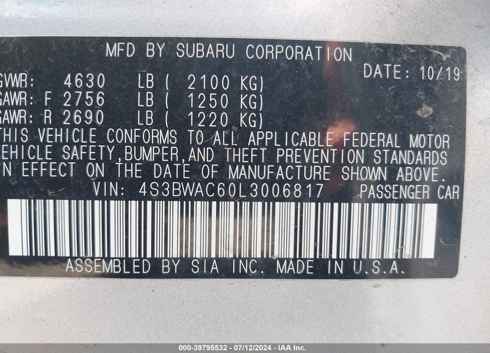 2020 SUBARU LEGACY PREMIUM VIN: 4S3BWAC60L3006817