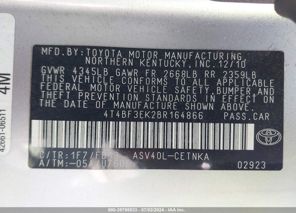 2011 TOYOTA CAMRY LE VIN: 4T4BF3EK2BR164866