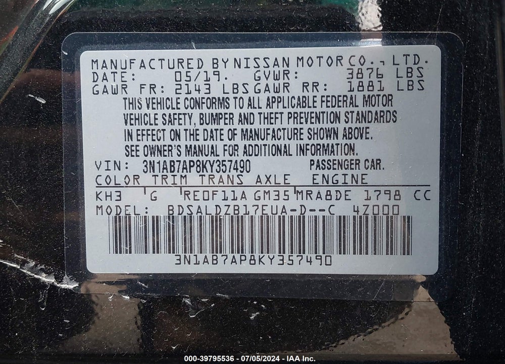 2019 NISSAN SENTRA SV VIN: 3N1AB7AP8KY357490