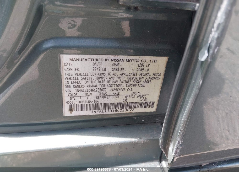 2006 NISSAN ALTIMA 2.5 S VIN: 1N4AL11D46C233072