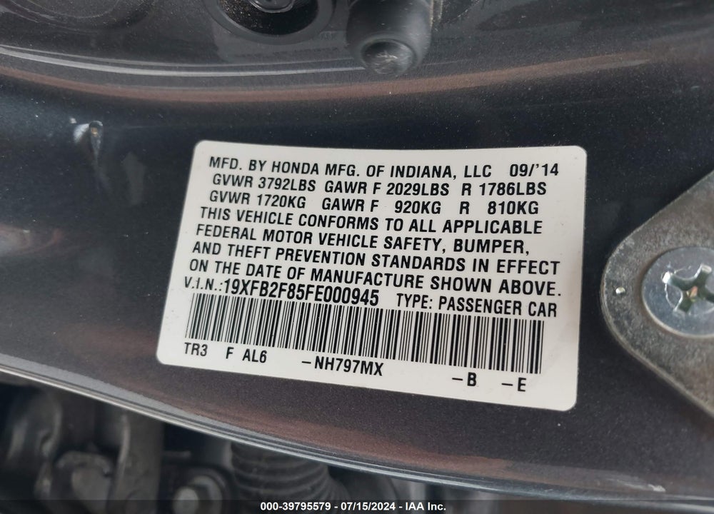 2015 HONDA CIVIC EX VIN: 19XFB2F85FE000945
