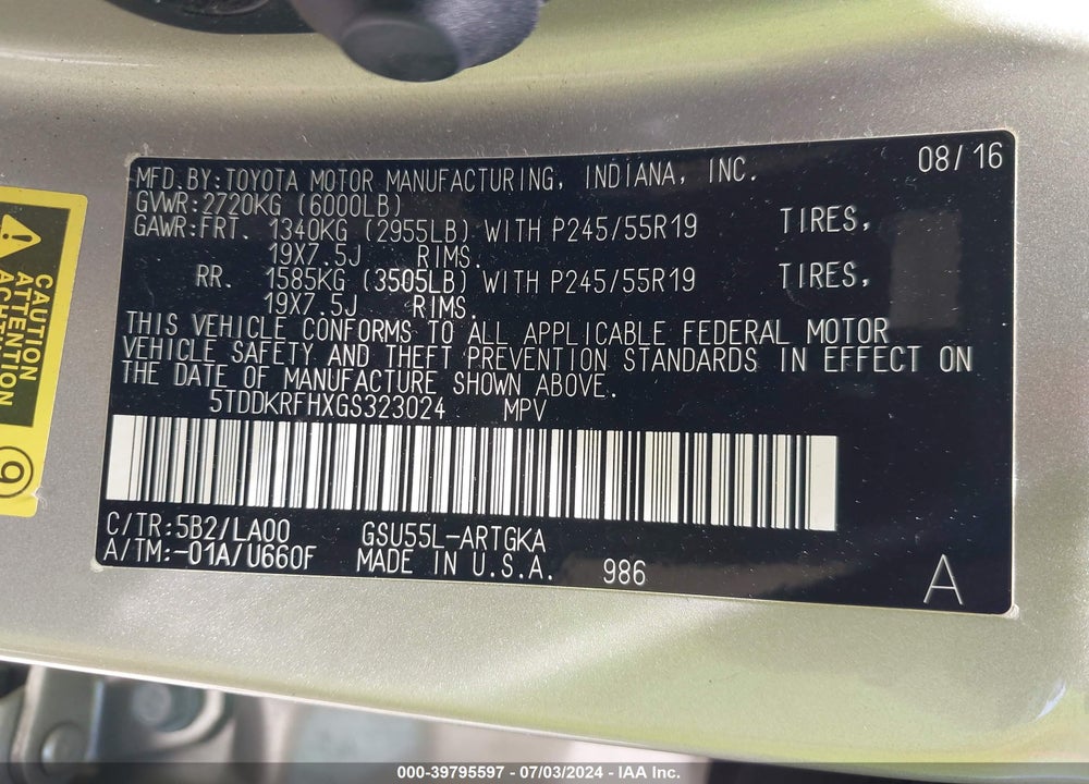 2016 TOYOTA HIGHLANDER LIMITED PLATINUM V6 VIN: 5TDDKRFHXGS323024