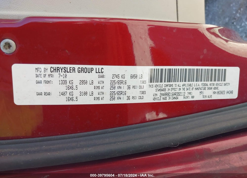 2010 CHRYSLER TOWN & COUNTRY TOURING PLUS VIN: 2A4RR8D16AR392112