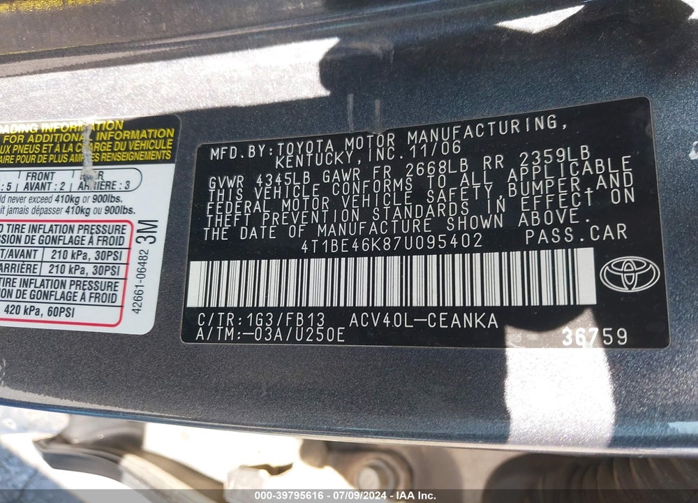 2007 TOYOTA CAMRY LE VIN: 4T1BE46K87U095402