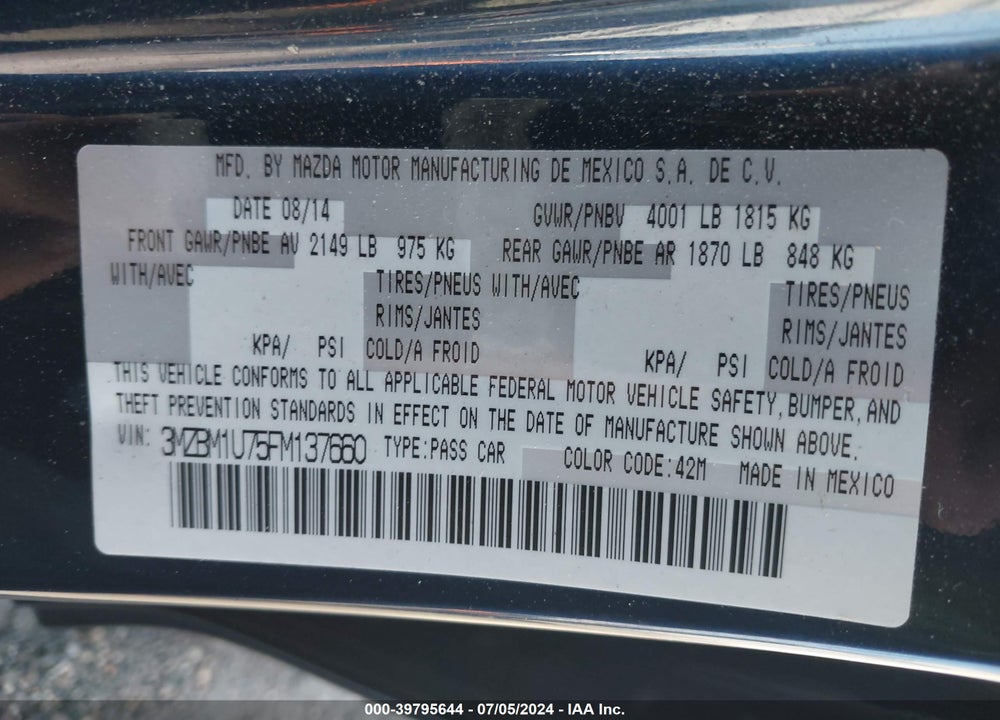 2015 MAZDA 3 I SPORT VIN: 3MZBM1U75FM137660