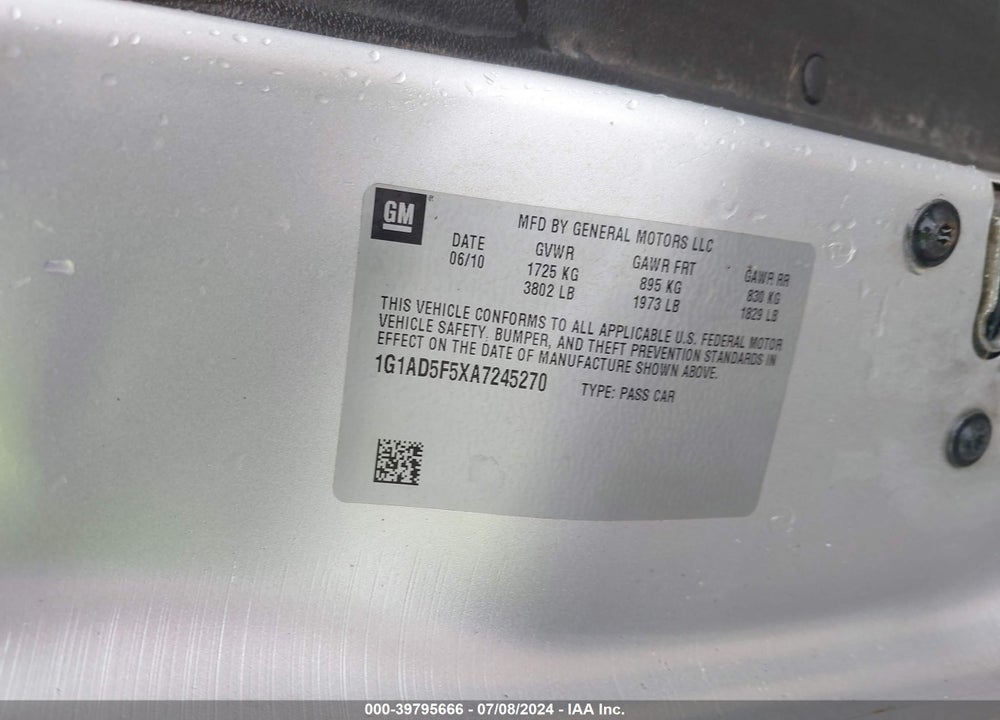 2010 CHEVROLET COBALT VIN: 1G1AD5F5XA7245270