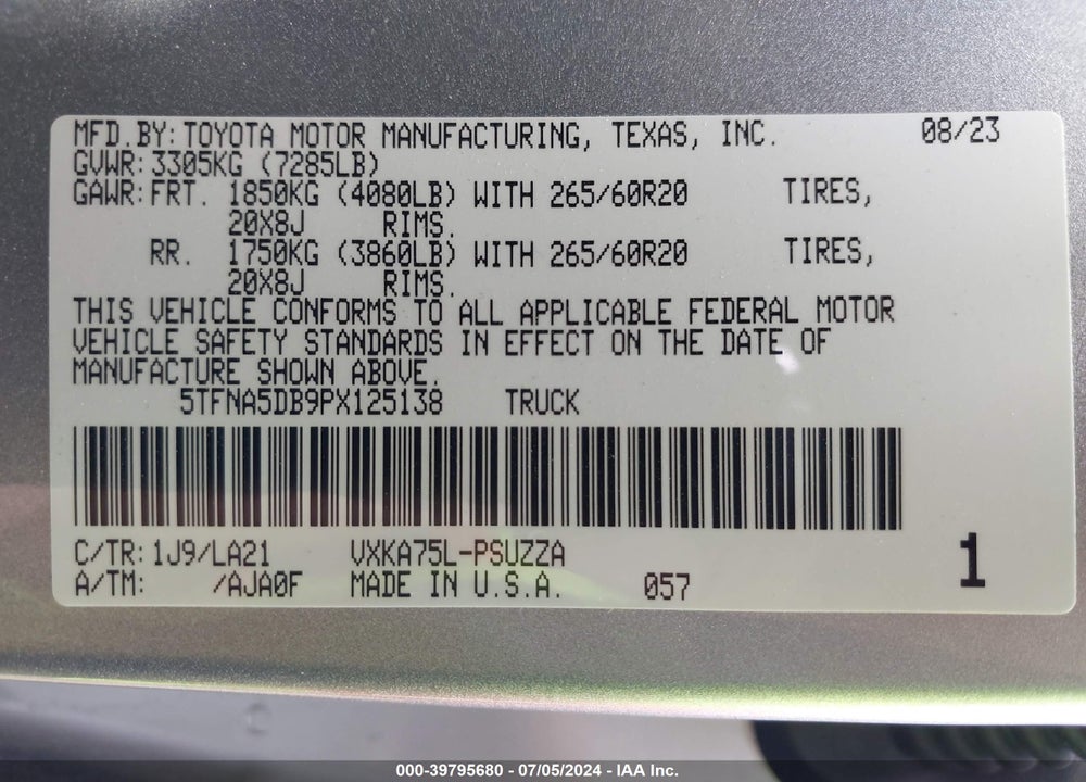 2023 TOYOTA TUNDRA PLATINUM VIN: 5TFNA5DB9PX125138