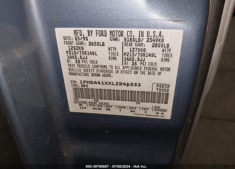 1990 FORD AEROSTAR VIN: 1FMDA41XXLZB46533