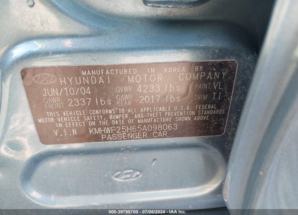 2005 HYUNDAI SONATA GL V6 VIN: KMHWF25H65A098063