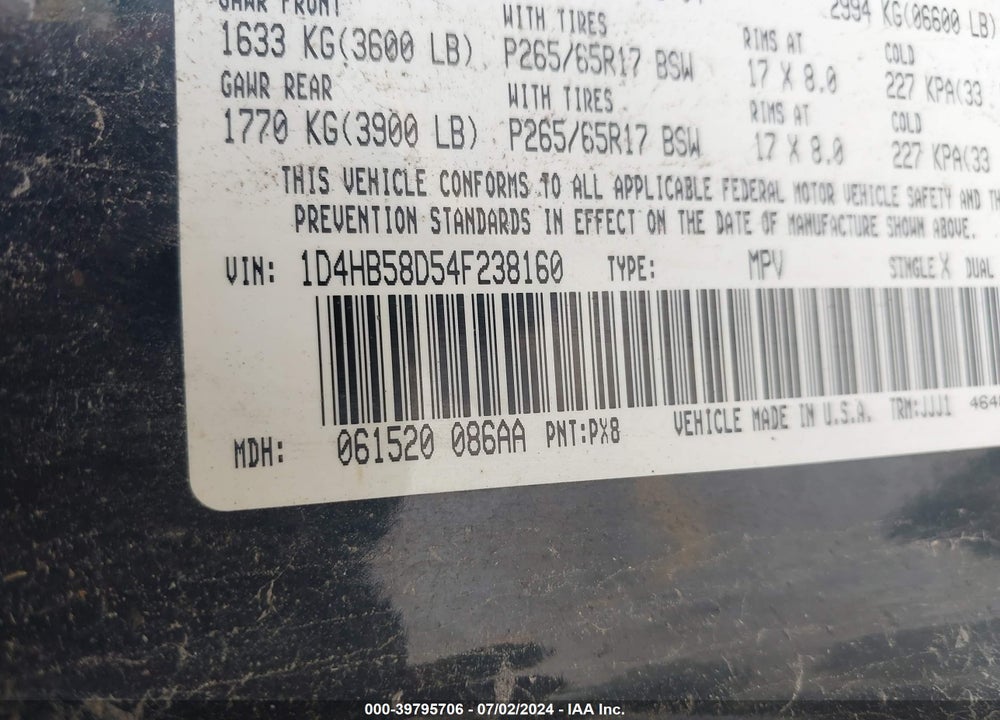2004 DODGE DURANGO LIMITED VIN: 1D4HB58D54F238160