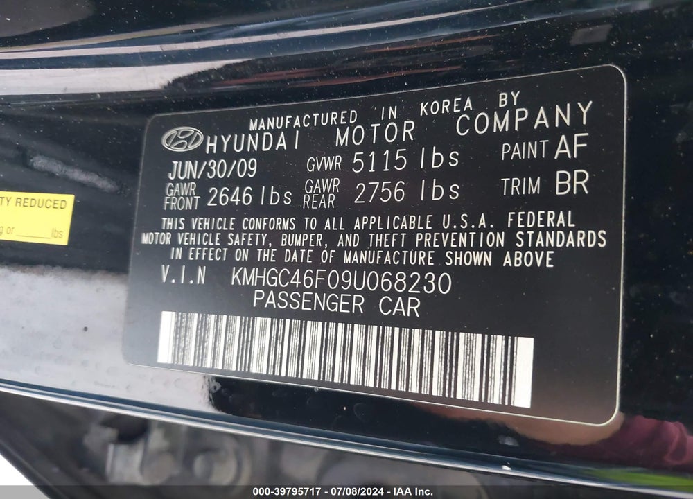 2009 HYUNDAI GENESIS 4.6 VIN: KMHGC46F09U068230